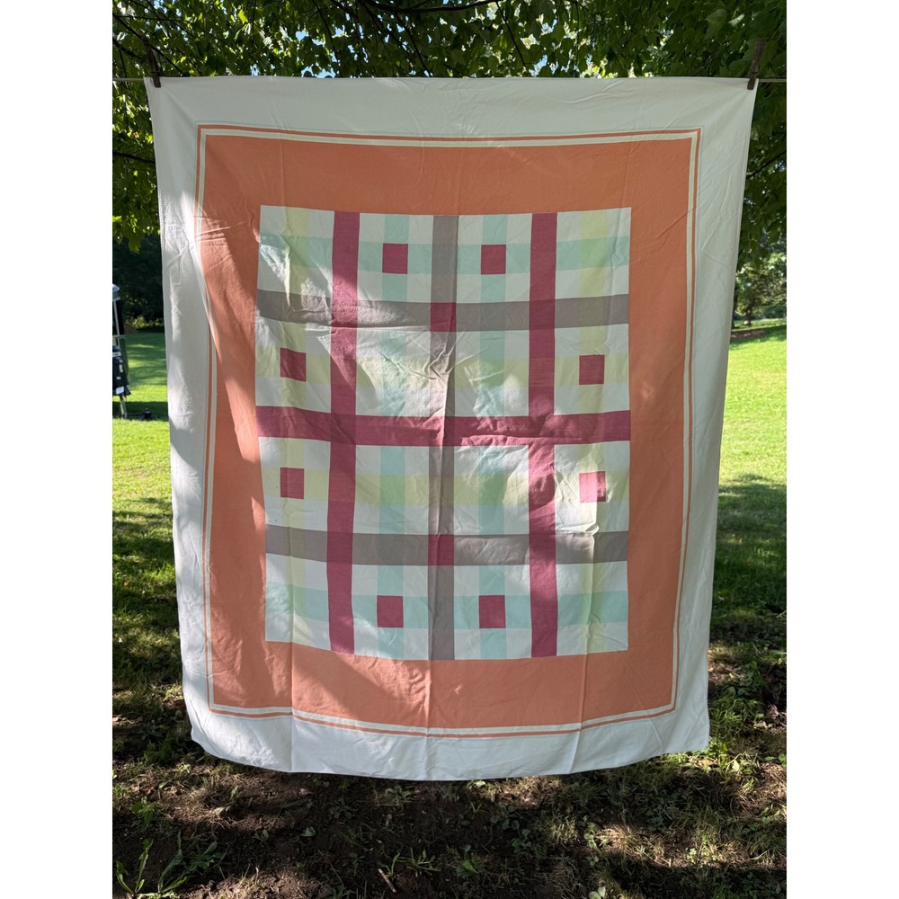 Vintage MCM Geometric Tablecloth Coral Aqua Burgundy 43x52